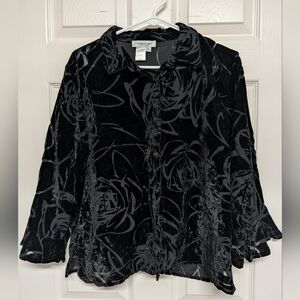 Coldwater Creek Black Velvet Floral Burnout Blouse 3/4 Sleeve Shirt XL Sheer